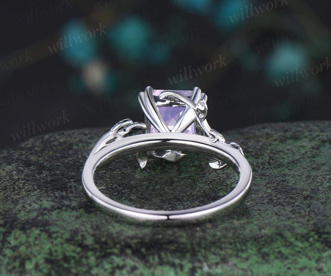Asscher cut lavender amethyst engagement ring solitaire leaf branch ring nature inspired promise wedding anniversary ring for women gift