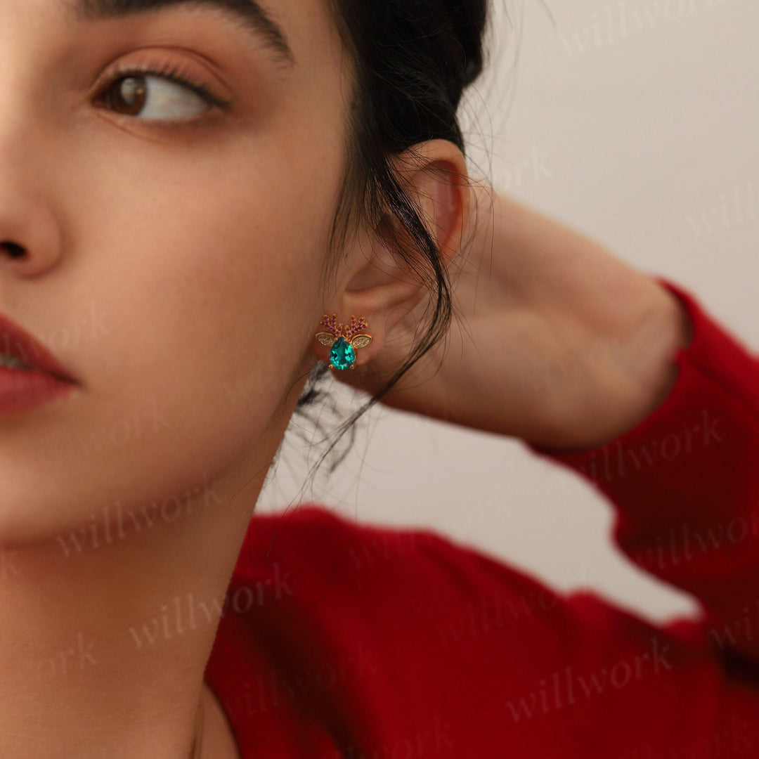 Christmas Deer Pear-cut Emerald Earrings 14k Yellow gold Ruby Moissanite Earrings Jewelry Xmas Gift for Her