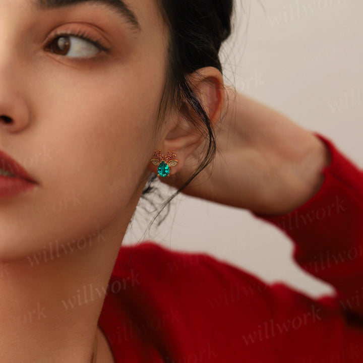 Christmas Deer Pear-cut Emerald Earrings 14k Yellow gold Ruby Moissanite Earrings Jewelry Xmas Gift for Her