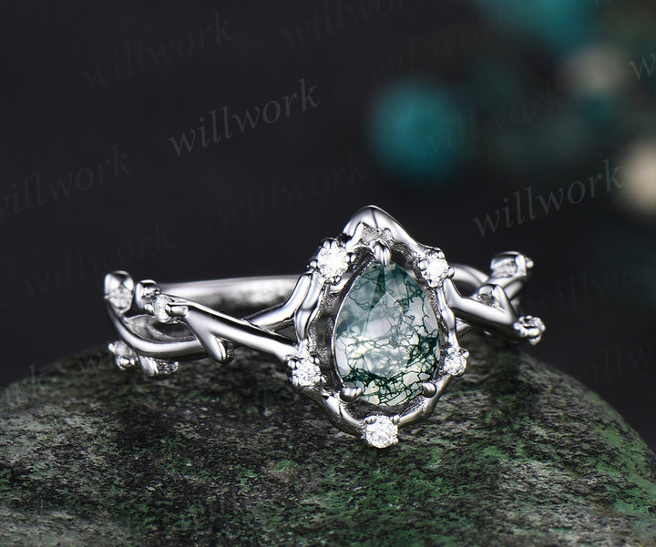 Pear moss agate ring vintage halo leaf branch nature inspired engagement ring white gold Twisted inifinity diamond wedding ring women