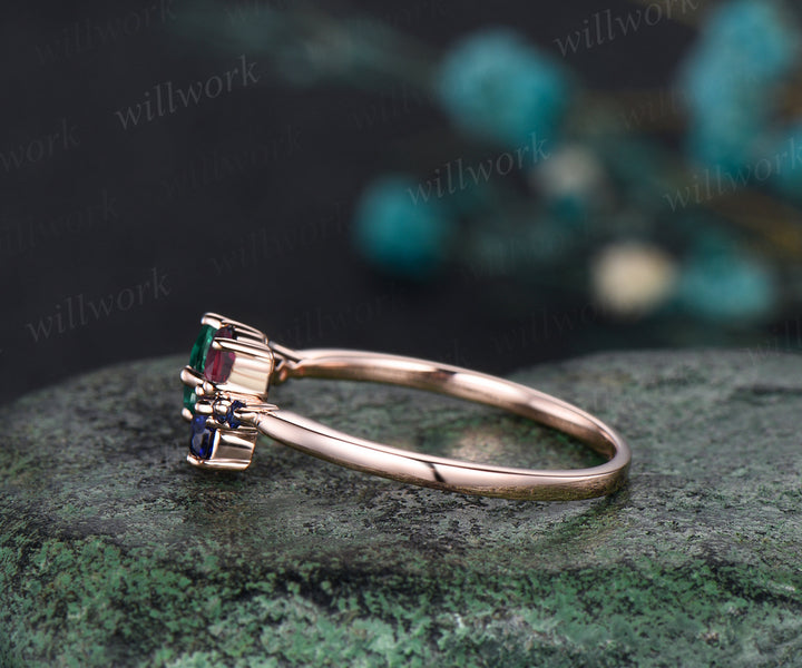 14K Gold Mixed Stone round cut Cluster Ring Christmas Ring Blue Sapphire Ring Ruby Anniversary Ring EmeraldEngagement Ring for anniversary
