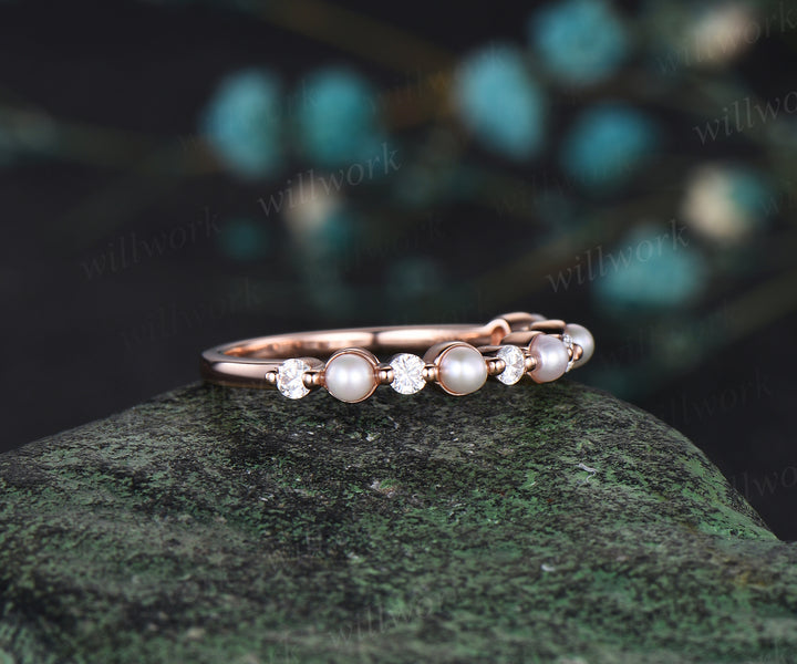 Dainty pearl moissanite wedding band solid 14k rose gold stacking bridal ring women