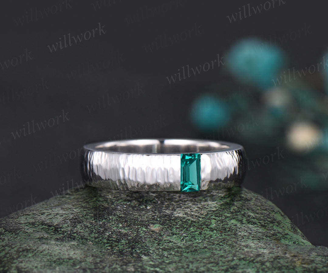 Unique Mens Emerald  Wedding Band Baguette Cut Green Gemstone Band 5mm Solid Gold Ring Mens Hammered Stacking Matching Band Retro Vintage Ring Gift