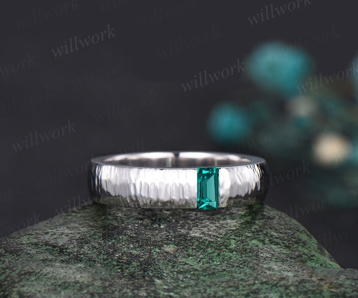 Unique Mens Emerald  Wedding Band Baguette Cut Green Gemstone Band 5mm Solid Gold Ring Mens Hammered Stacking Matching Band Retro Vintage Ring Gift