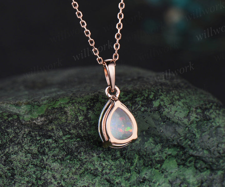 Pear shaped white opal necklace solid 14k rose gold Solitaire Teardrop opal pendant women anniversary gift