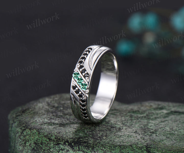 Unique Mens  Emerald Wedding Band Round Cut Band 5mm Solid Gold Ring Mens Black Onyx Handsome Man Rings Matching Band Ring Gift