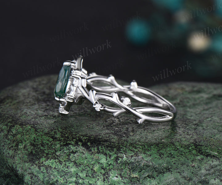 Pear moss agate ring vintage halo leaf branch nature inspired engagement ring white gold Twisted inifinity diamond wedding ring women