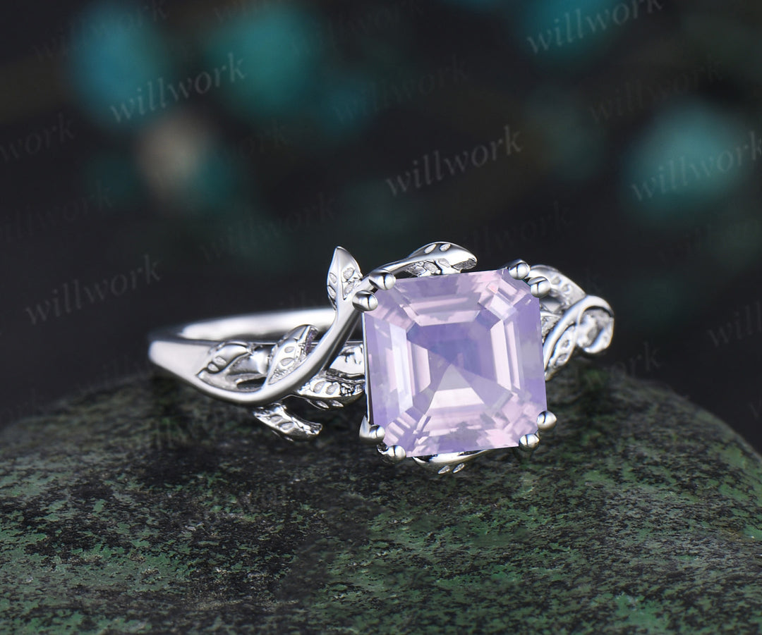 Asscher cut lavender amethyst engagement ring solitaire leaf branch ring nature inspired promise wedding anniversary ring for women gift
