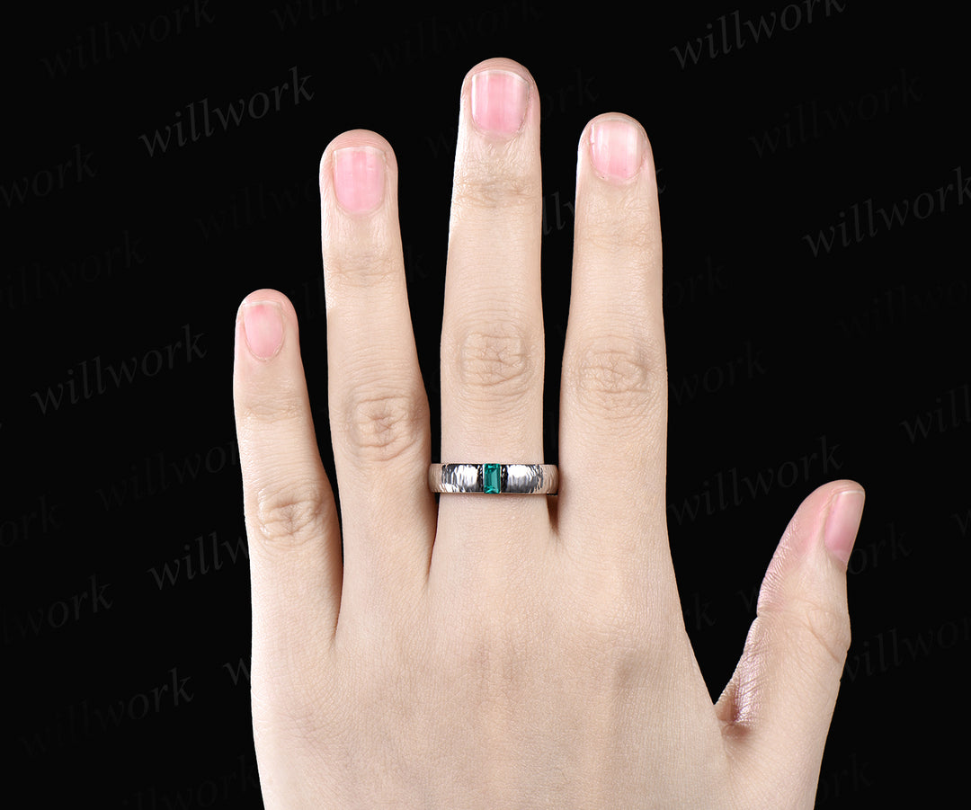 Unique Mens Emerald  Wedding Band Baguette Cut Green Gemstone Band 5mm Solid Gold Ring Mens Hammered Stacking Matching Band Retro Vintage Ring Gift