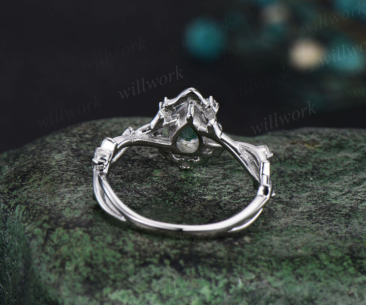 Pear moss agate ring vintage halo leaf branch nature inspired engagement ring white gold Twisted inifinity diamond wedding ring women