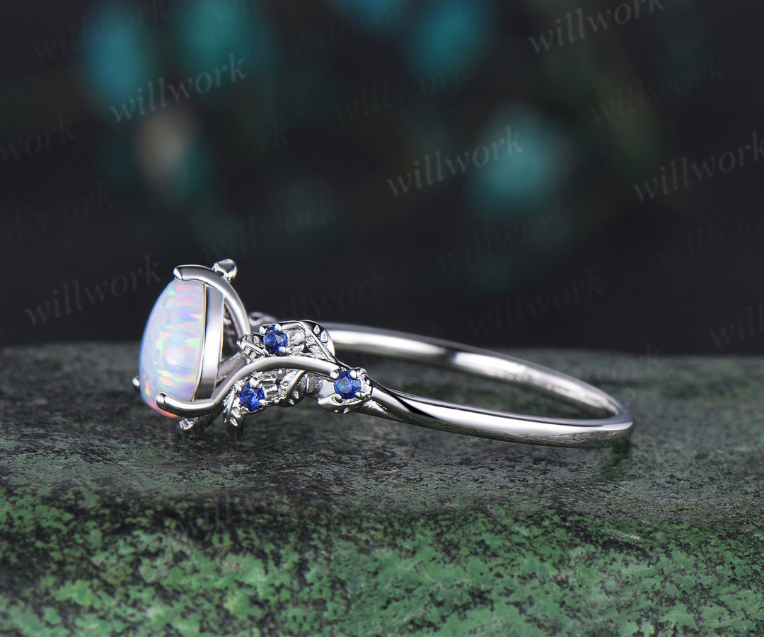 Pear shaped opal engagement ring white gold leaf branch vintage sapphire anniversary ring women