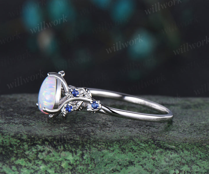 Pear shaped opal engagement ring white gold leaf branch vintage sapphire anniversary ring women