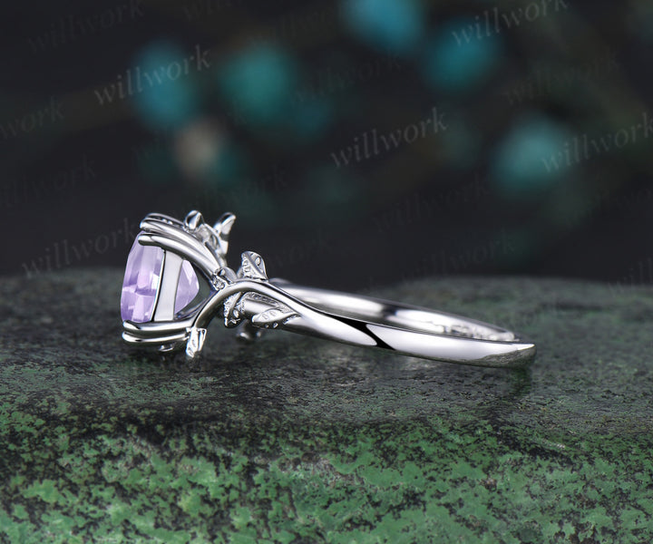 Asscher cut lavender amethyst engagement ring solitaire leaf branch ring nature inspired promise wedding anniversary ring for women gift