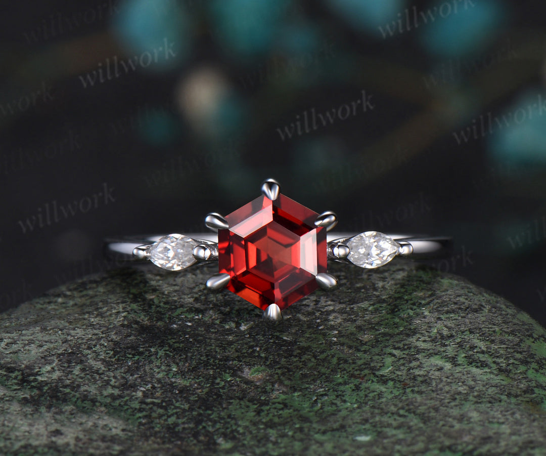 Hexagon cut red garnet engagement ring solid 14k white gold 6 prong vintage moissanite wedding bridal ring set women gemstone jewelry three stone