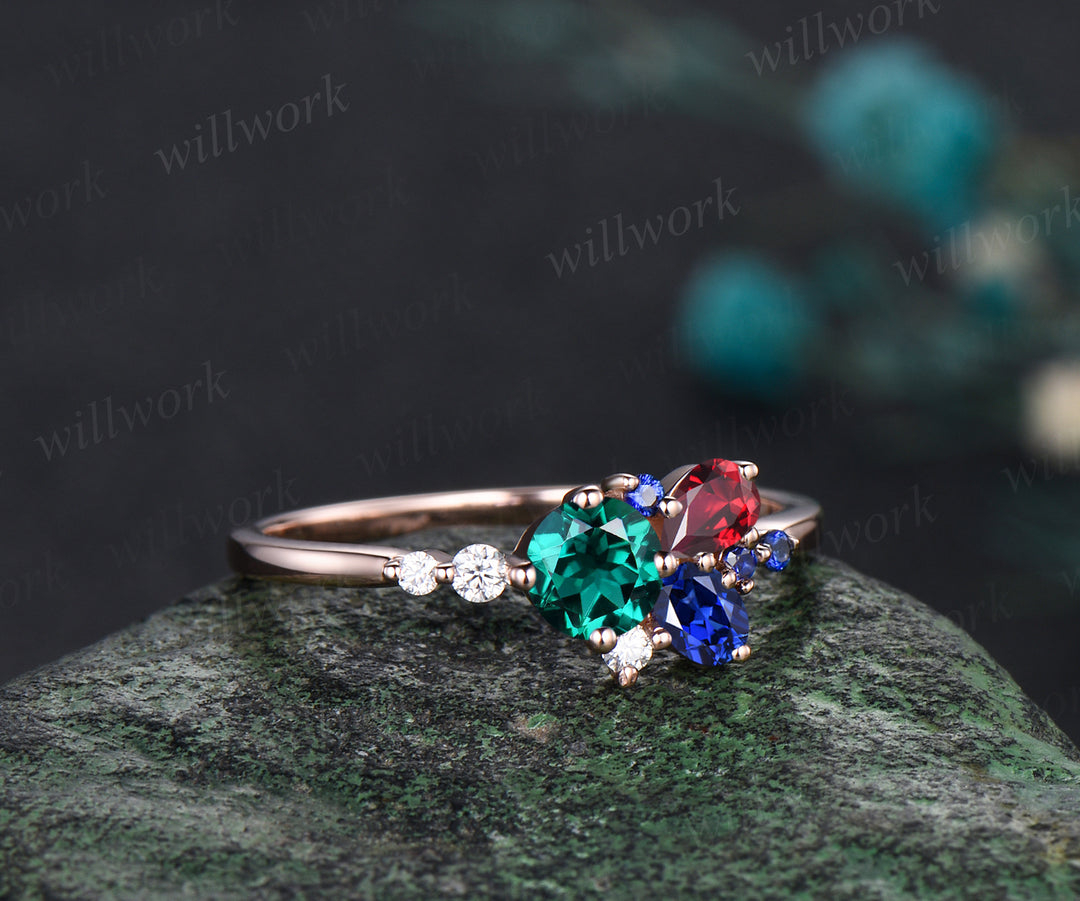 14K Gold Mixed Stone round cut Cluster Ring Christmas Ring Blue Sapphire Ring Ruby Anniversary Ring EmeraldEngagement Ring for anniversary