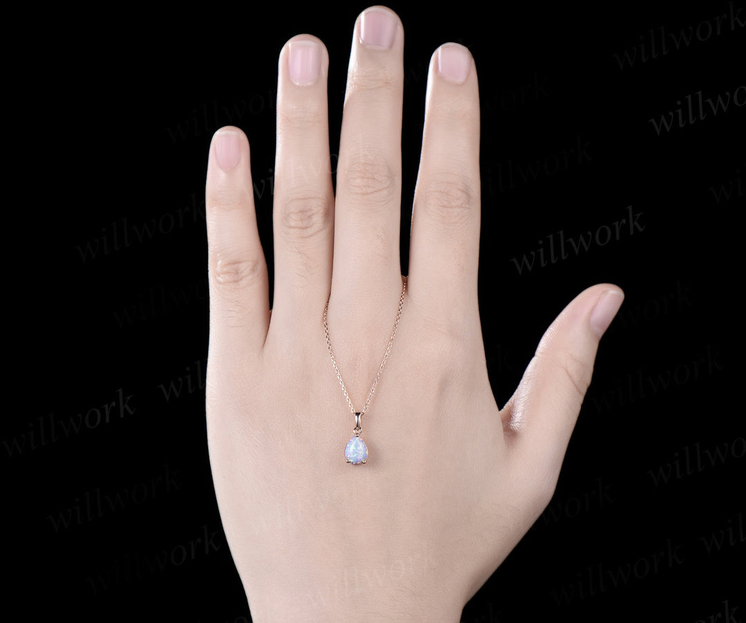 Pear shaped white opal necklace solid 14k rose gold Solitaire Teardrop opal pendant women anniversary gift