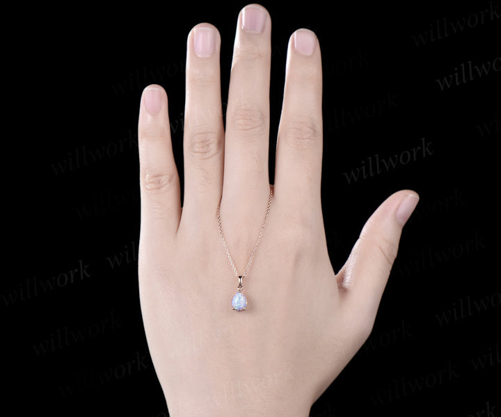 Pear shaped white opal necklace solid 14k rose gold Solitaire Teardrop opal pendant women anniversary gift