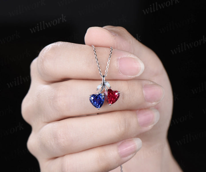 Double heart shaped sapphire ruby Necklace 14k white gold four stone Pendant Birthstone Gift