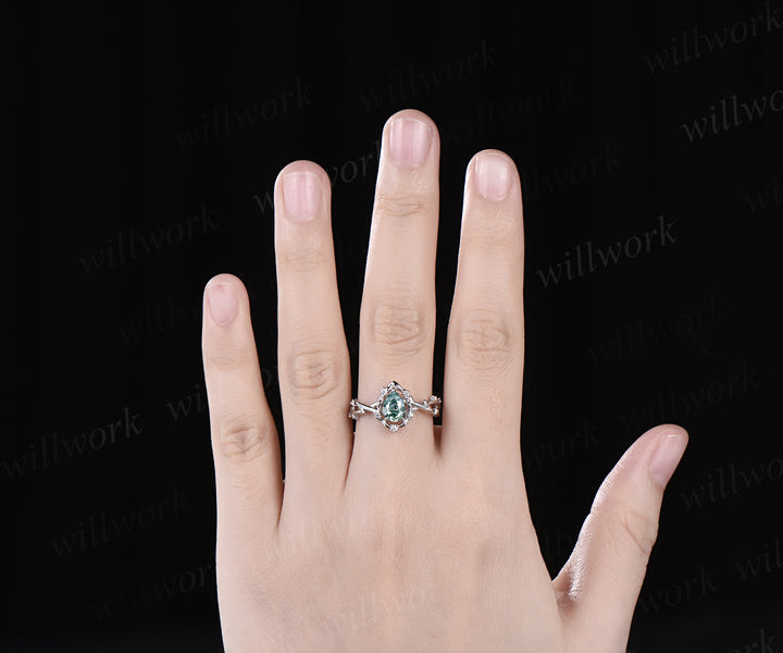 Pear moss agate ring vintage halo leaf branch nature inspired engagement ring white gold Twisted inifinity diamond wedding ring women