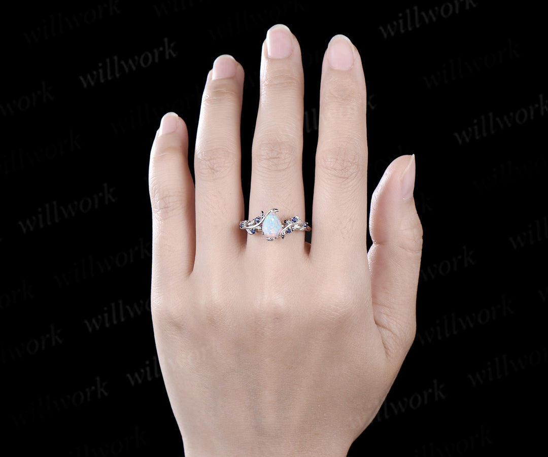 Pear shaped opal engagement ring white gold leaf branch vintage sapphire anniversary ring women