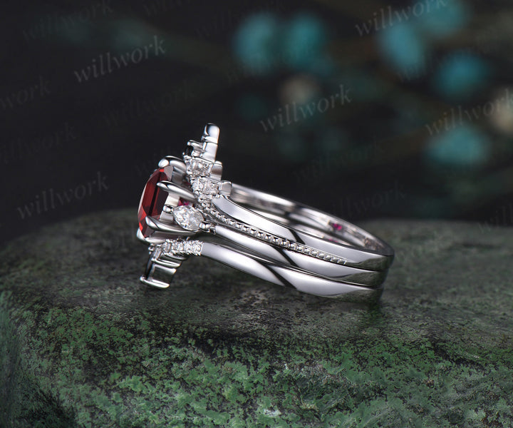 Hexagon cut red garnet engagement ring solid 14k white gold 6 prong vintage moissanite wedding bridal ring set women gemstone jewelry three stone