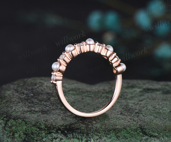 Dainty pearl moissanite wedding band solid 14k rose gold stacking bridal ring women