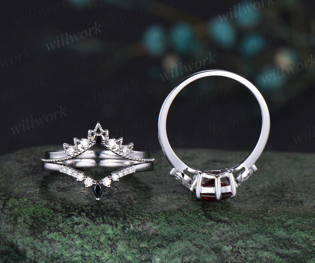 Hexagon cut red garnet engagement ring solid 14k white gold 6 prong vintage moissanite wedding bridal ring set women gemstone jewelry three stone