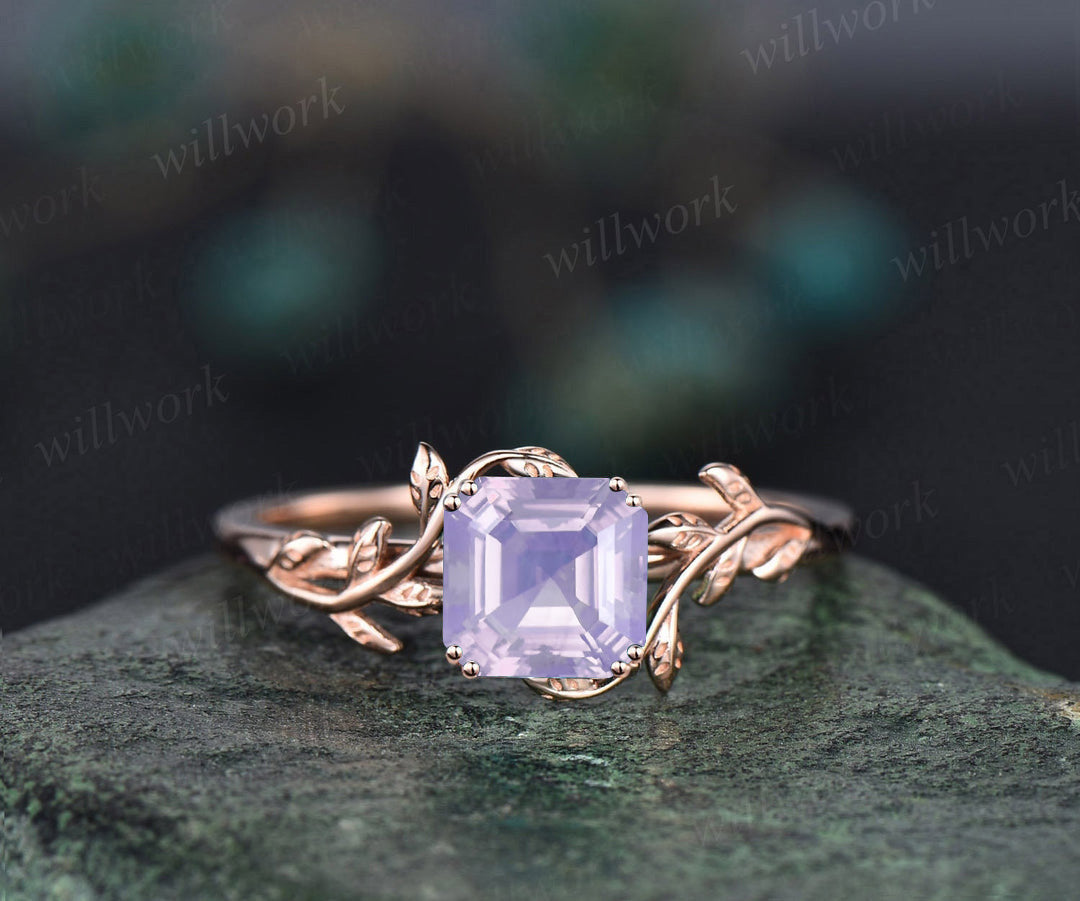 Asscher cut lavender amethyst engagement ring solitaire leaf branch ring nature inspired promise wedding anniversary ring for women gift