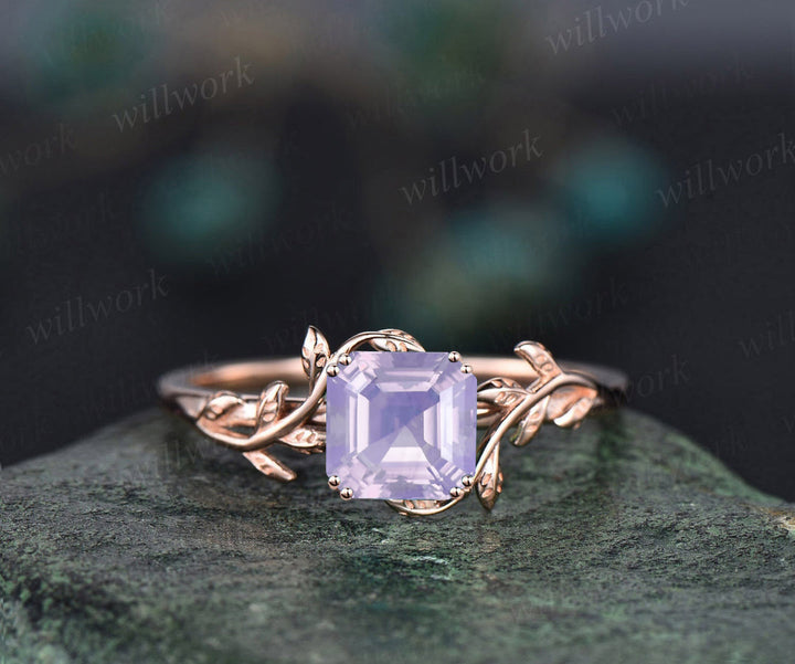 Asscher cut lavender amethyst engagement ring solitaire leaf branch ring nature inspired promise wedding anniversary ring for women gift