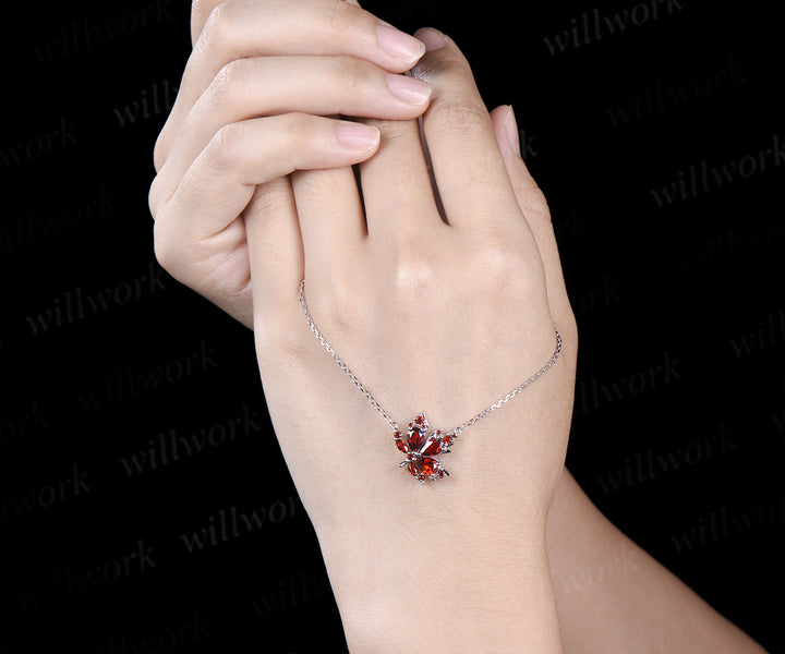 Pear garnet maple leaf pendant nature inspired 14k white gold/sterling silver necklace graduation birthday gifts for women