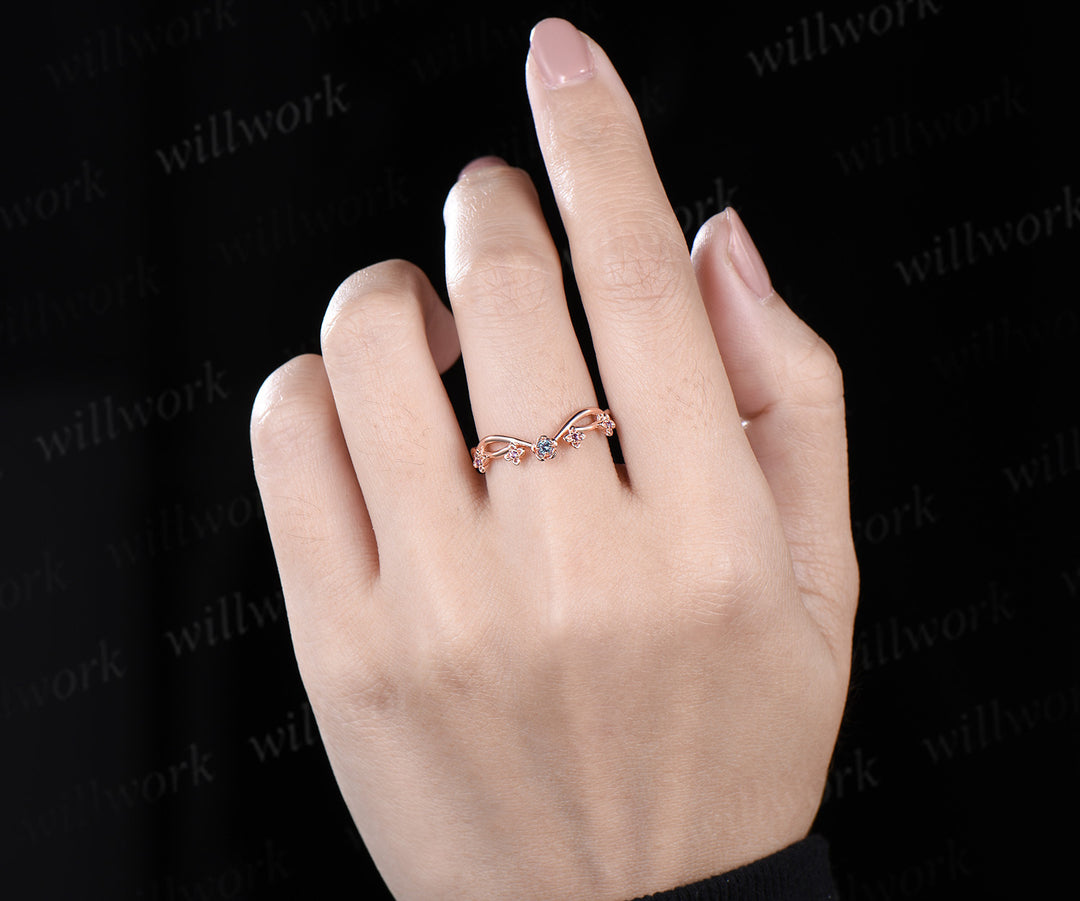 Floral Alexandrite amethyst wedding band five stone infinity stacking ring women 14k rose gold gift