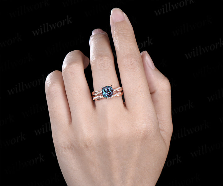 Cushion alexandrite engagement ring set diamond full eternity rose gold wedding band twisted infinity bridal set anniversary gift