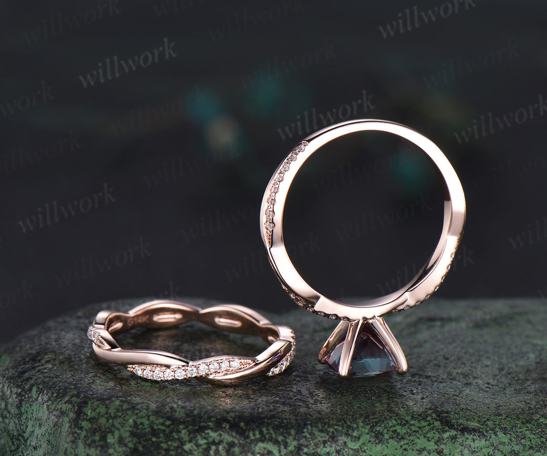 Cushion alexandrite engagement ring set diamond full eternity rose gold wedding band twisted infinity bridal set anniversary gift