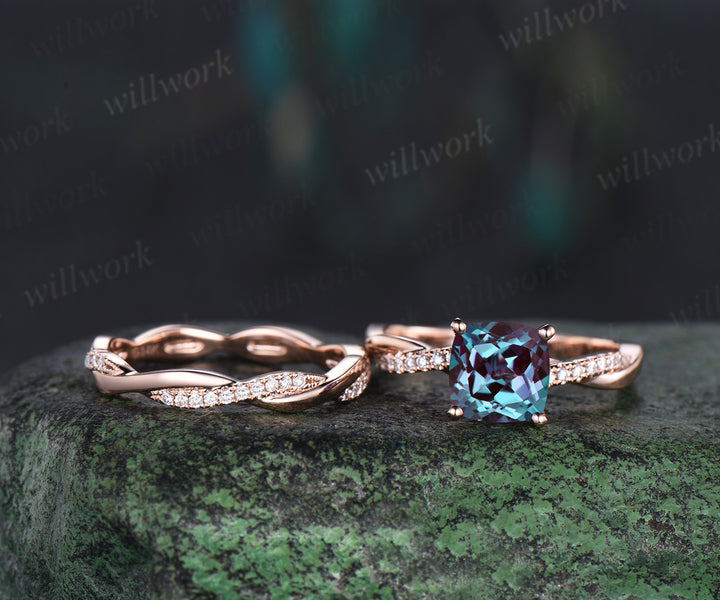Cushion alexandrite engagement ring set diamond full eternity rose gold wedding band twisted infinity bridal set anniversary gift