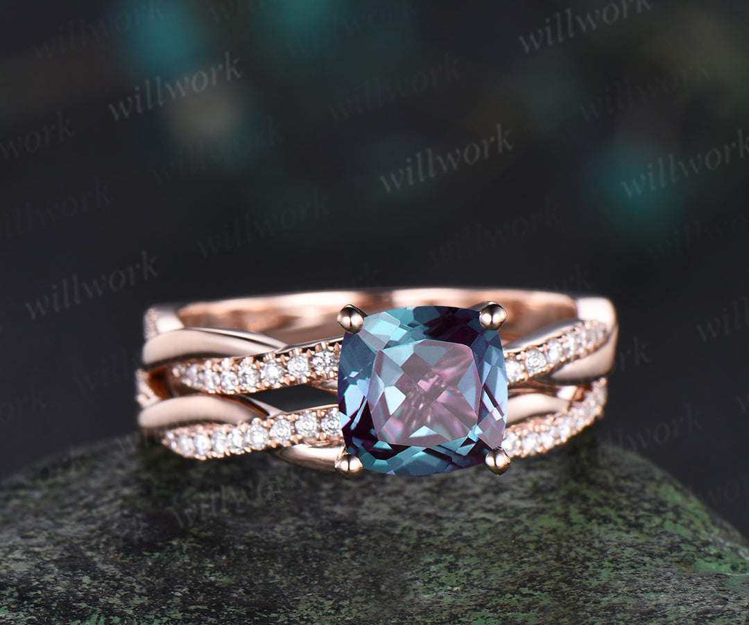 Cushion alexandrite engagement ring set diamond full eternity rose gold wedding band twisted infinity bridal set anniversary gift