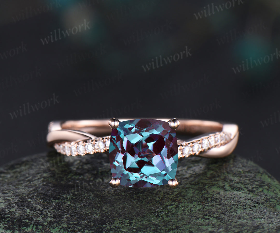 Cushion alexandrite engagement ring set diamond full eternity rose gold wedding band twisted infinity bridal set anniversary gift