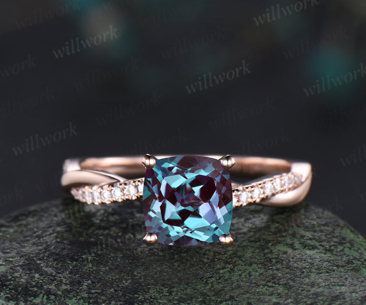 Cushion alexandrite engagement ring set diamond full eternity rose gold wedding band twisted infinity bridal set anniversary gift
