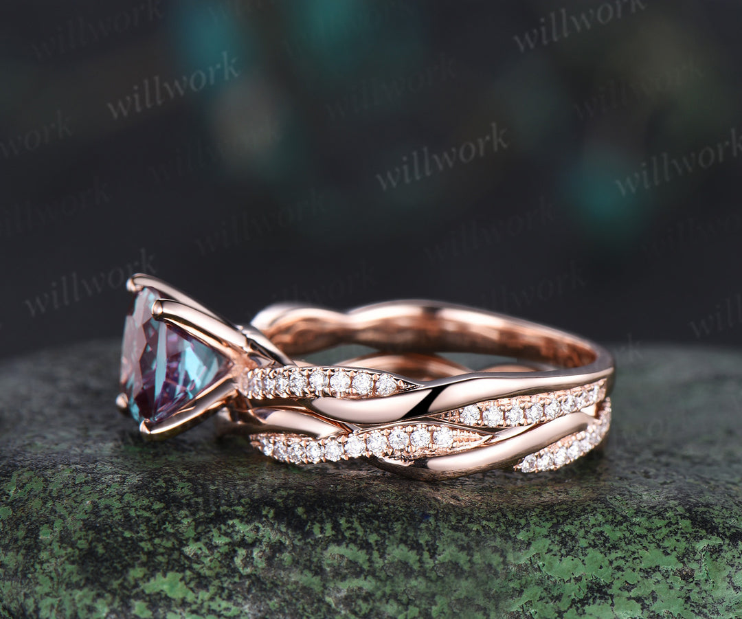 Cushion alexandrite engagement ring set diamond full eternity rose gold wedding band twisted infinity bridal set anniversary gift