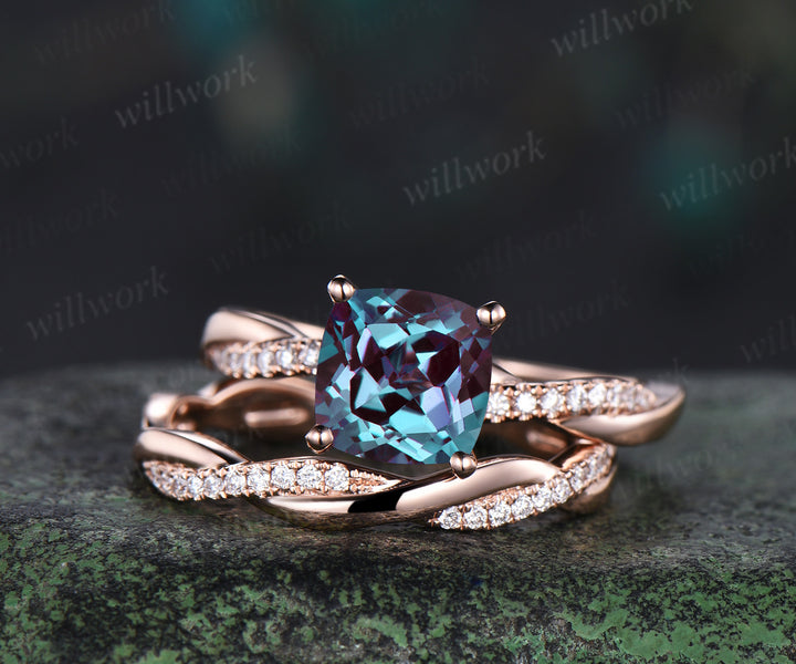 Cushion alexandrite engagement ring set diamond full eternity rose gold wedding band twisted infinity bridal set anniversary gift