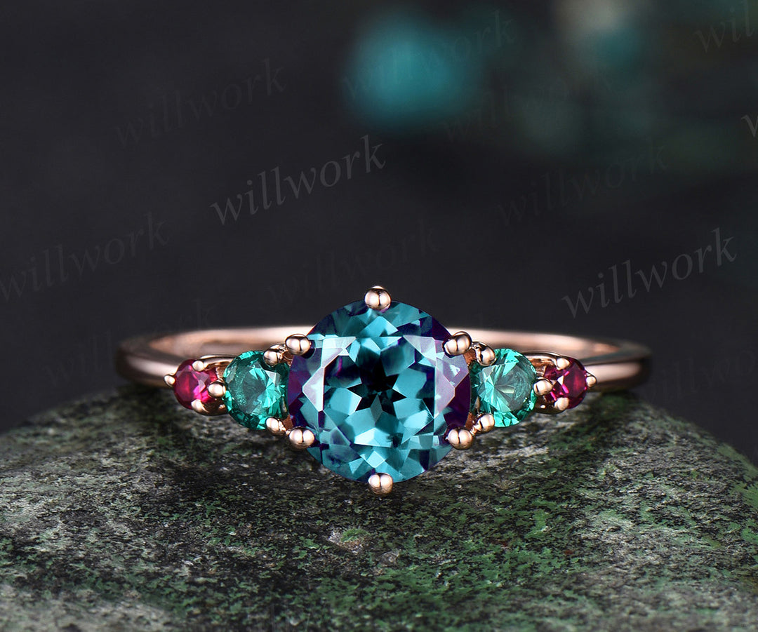 Alexandrite ring minimalist round Alexandrite engagement ring five stone emerald ruby ring birthstone mother's gifts