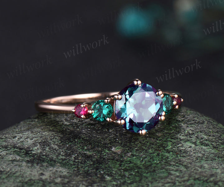 Alexandrite ring minimalist round Alexandrite engagement ring five stone emerald ruby ring birthstone mother's gifts