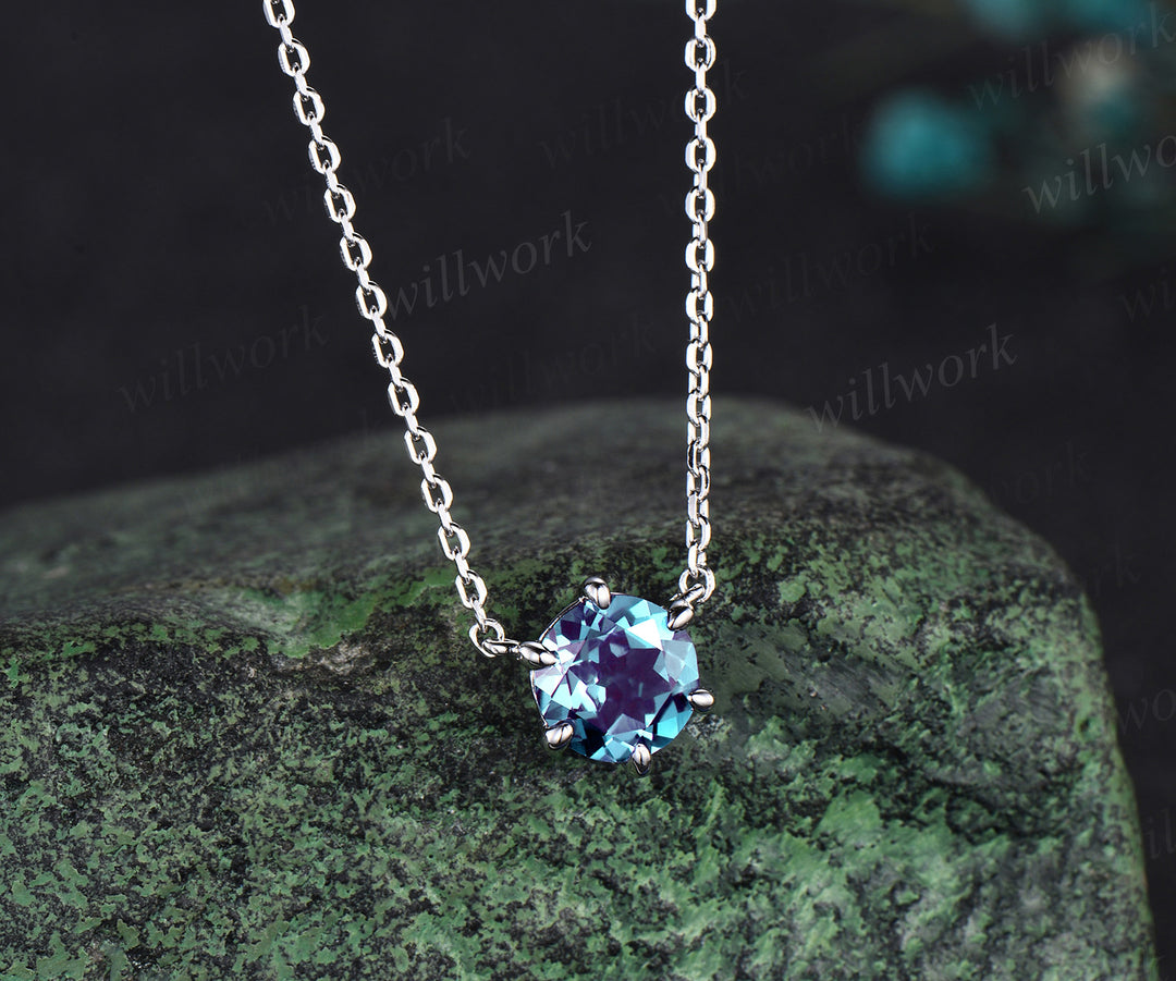 Dainty 6 prong round alexandrite necklace minimalist solitaire pendant June birthstone necklace gifts for women