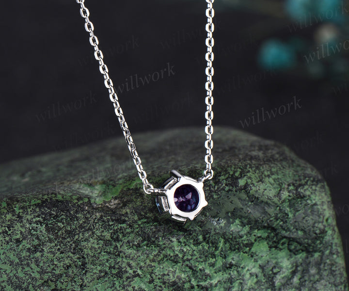 Dainty 6 prong round alexandrite necklace minimalist solitaire pendant June birthstone necklace gifts for women