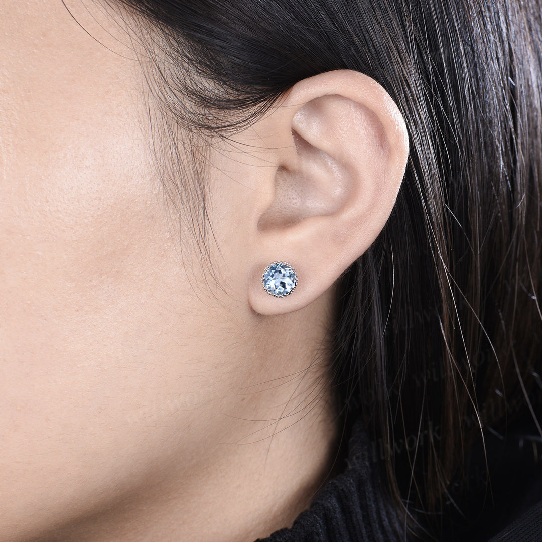 Vintage aquamarine stud earrings sterling silver 10k/14k/18k white gold milgrain crown setting earrings March birthstone gifts