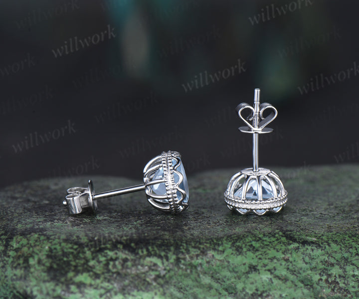 Vintage aquamarine stud earrings sterling silver 10k/14k/18k white gold milgrain crown setting earrings March birthstone gifts