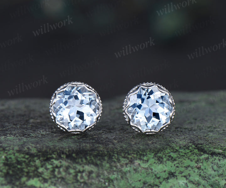 Vintage aquamarine stud earrings sterling silver 10k/14k/18k white gold milgrain crown setting earrings March birthstone gifts