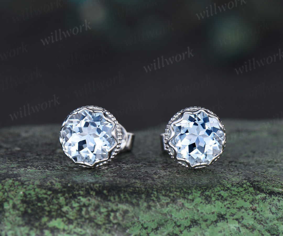 Vintage aquamarine stud earrings sterling silver 10k/14k/18k white gold milgrain crown setting earrings March birthstone gifts