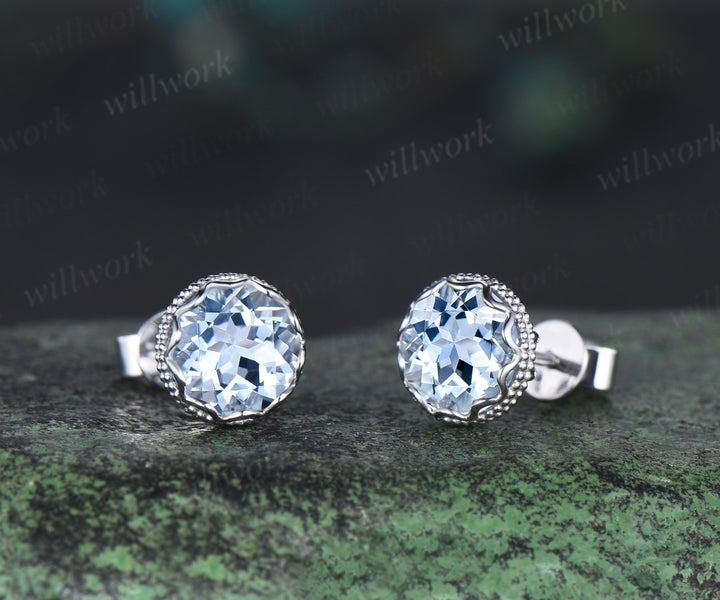 Vintage aquamarine stud earrings sterling silver 10k/14k/18k white gold milgrain crown setting earrings March birthstone gifts