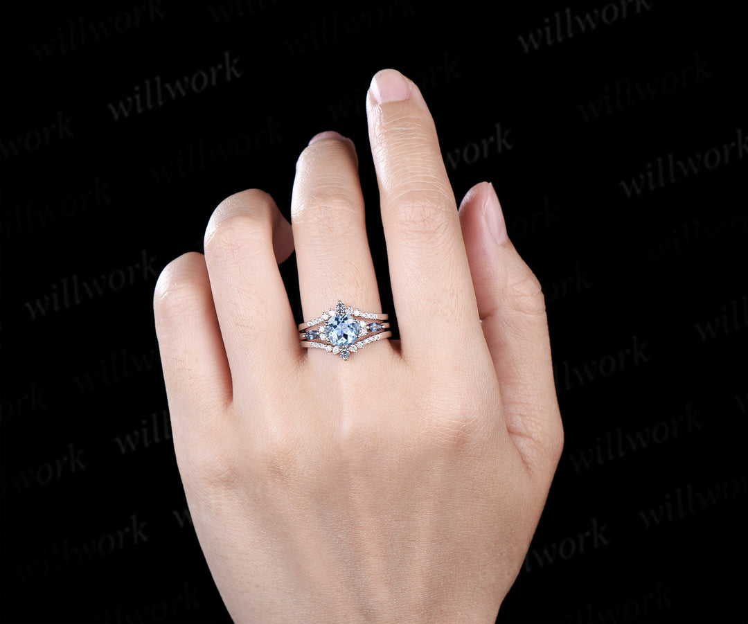 Round cut natural aquamarine engagement ring set marquise alexandrite accents ring curved moissanite alexandrite bands March birthstone bridal set gifts for women