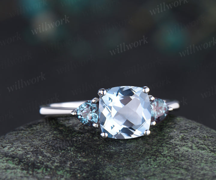 Cushion cut natural aquamarine engagement ring solid white gold trilliant cut alexandrite ring minimalist three stone promise ring for women
